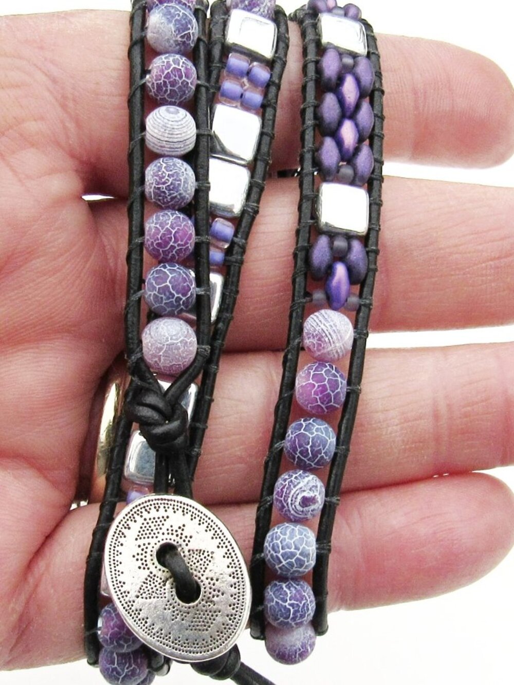 Purple Agate Triple Wrap Stone Bracelet, Leather Glass, Handmade Beaded, Western - Picture 2 of 6